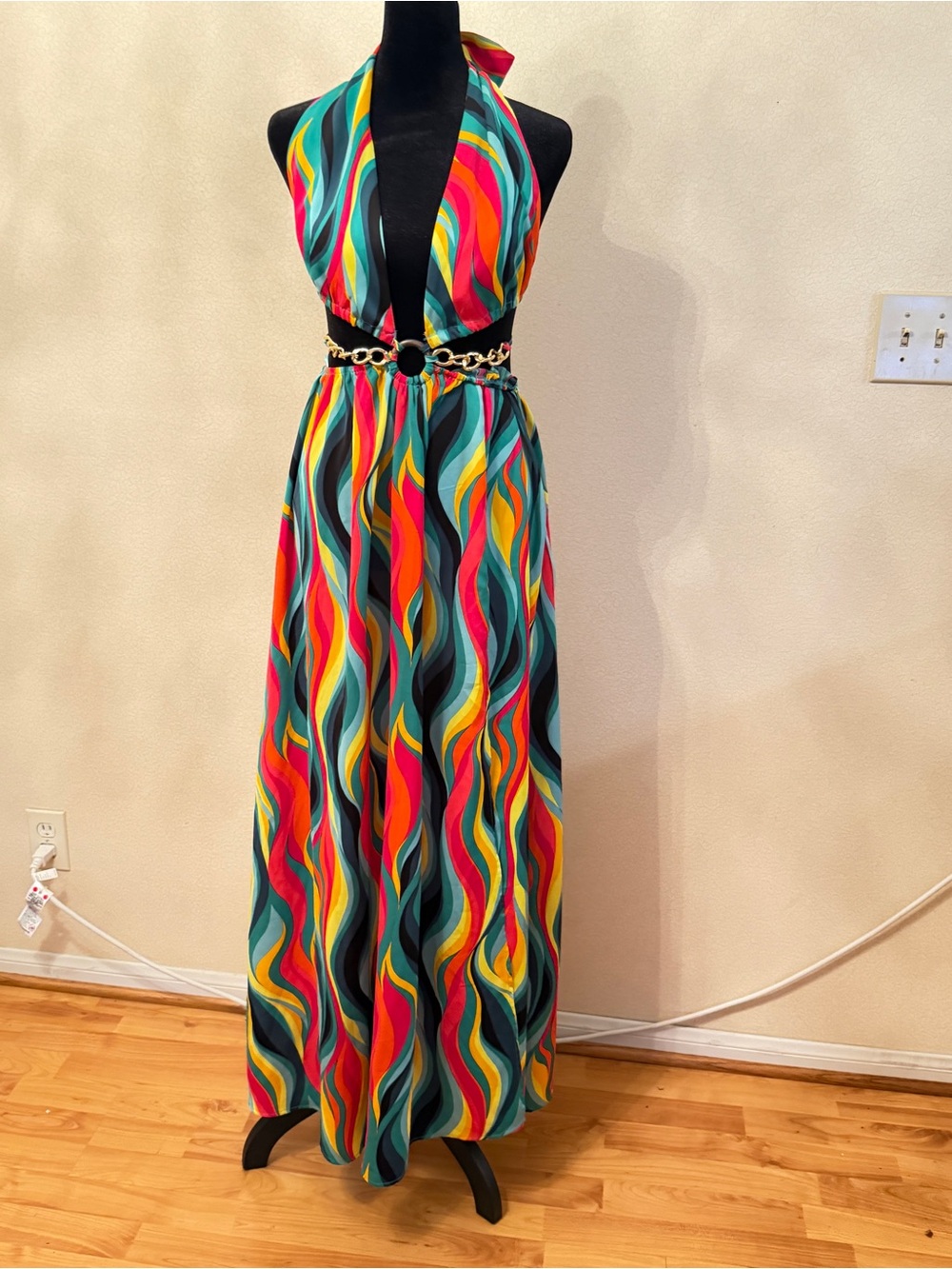 Fiesta Multicolor Wave Halter Maxi Dress with Gold Chain Detail